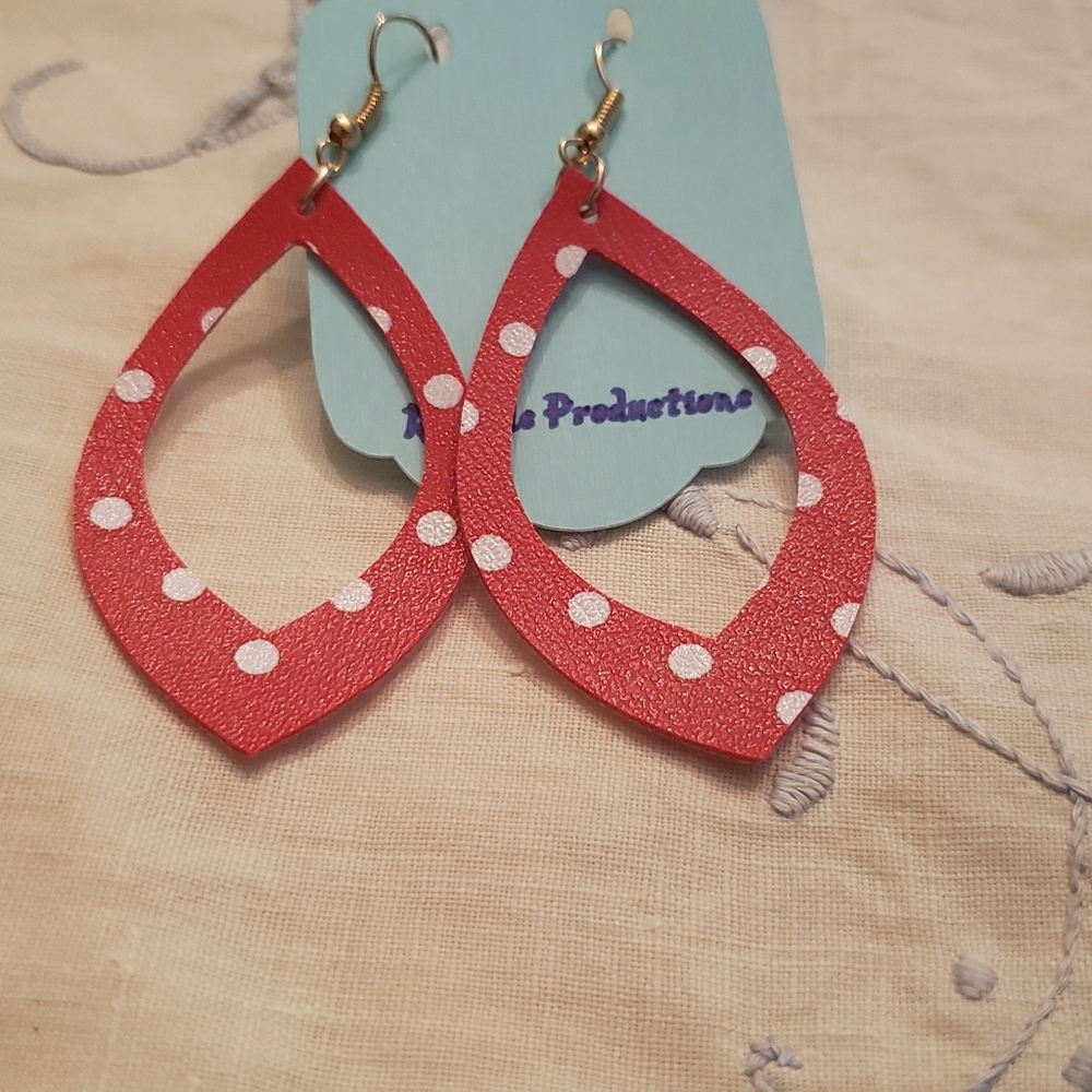 Faux Leather Red Polka Dot Teardrop Earrings